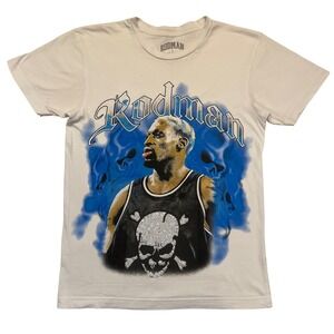 Dennis Rodman Rhinestone Skull White Blue Basketball Graphic Tee‎ T Shirt Size S